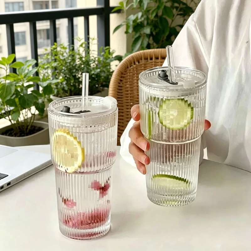 Striped Glass Coffee Cup with  - Training Cup Straw ulasan dan harga