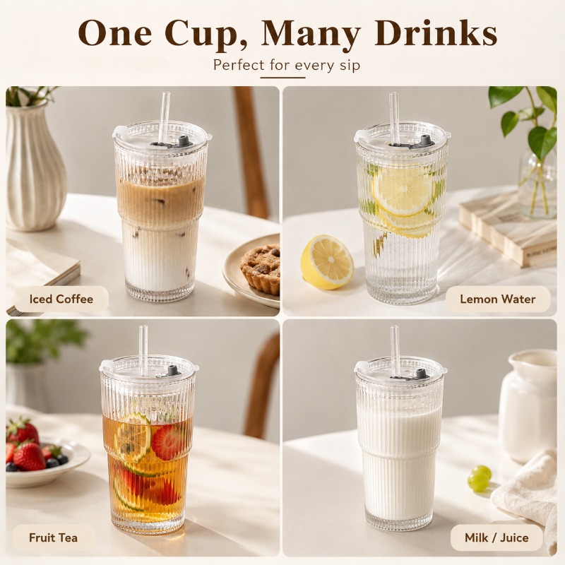 Striped Glass Coffee Cup with  - Training Cup Straw ulasan dan harga